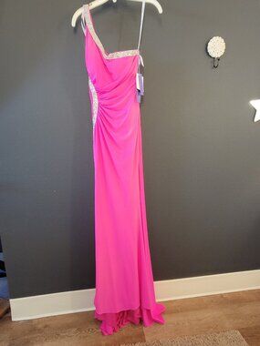 NWT - LaDivine, HOT PINK Knit Gown One Shoulder Rhinestone Trim  w/ Train Size 2